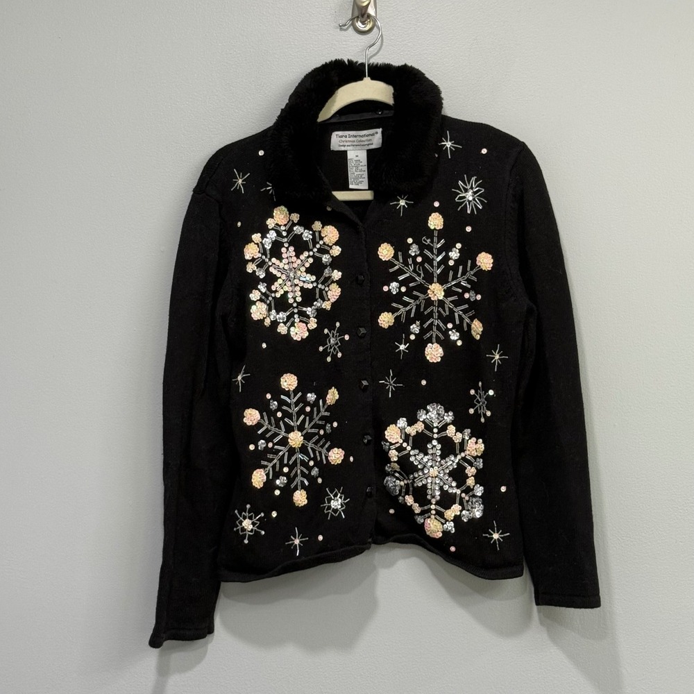 Tiara International Christmas Snowflake Sequin Cardigan Faux Fur Collar Black M